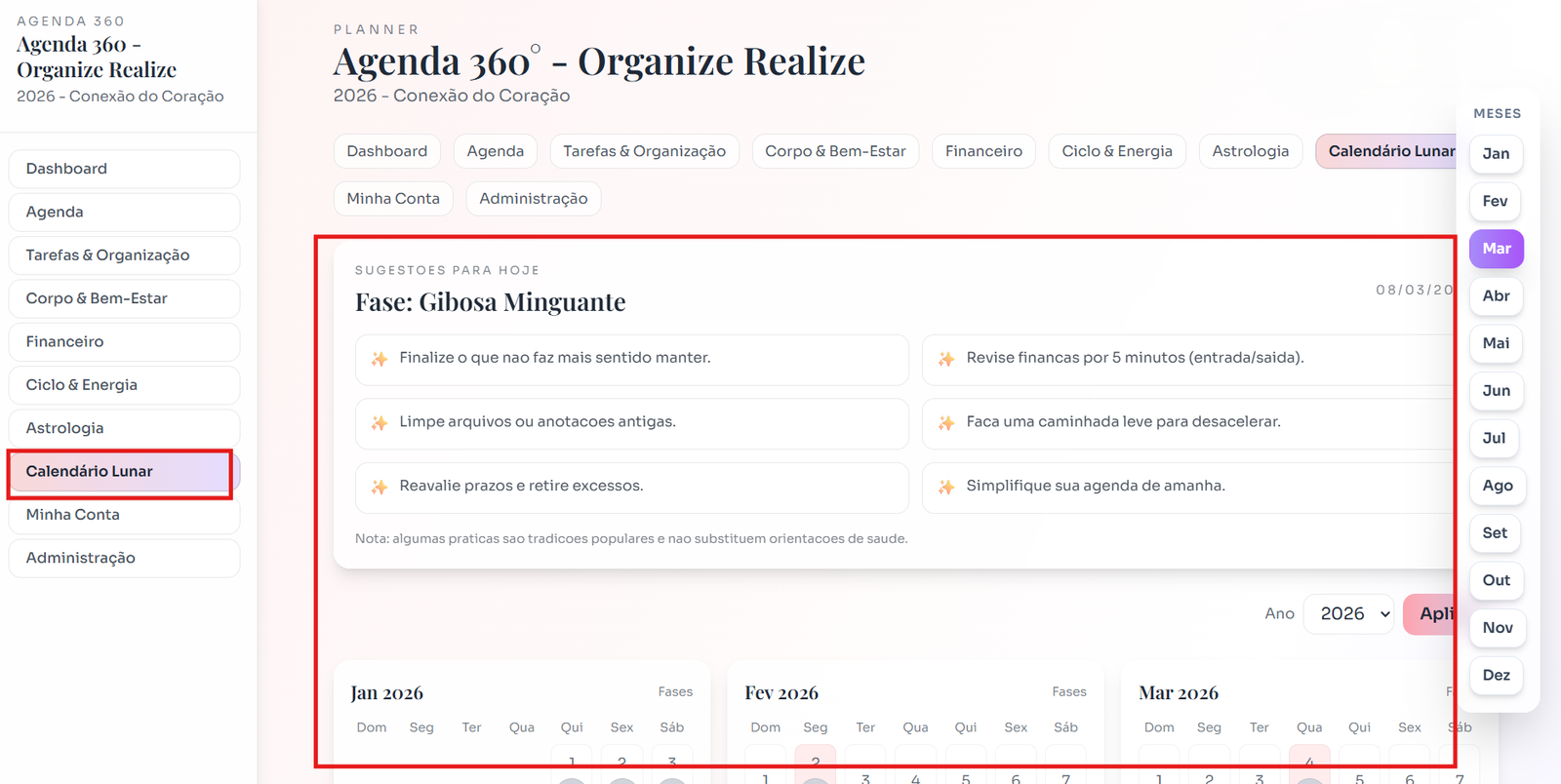 Print da tela - Calendário Lunar